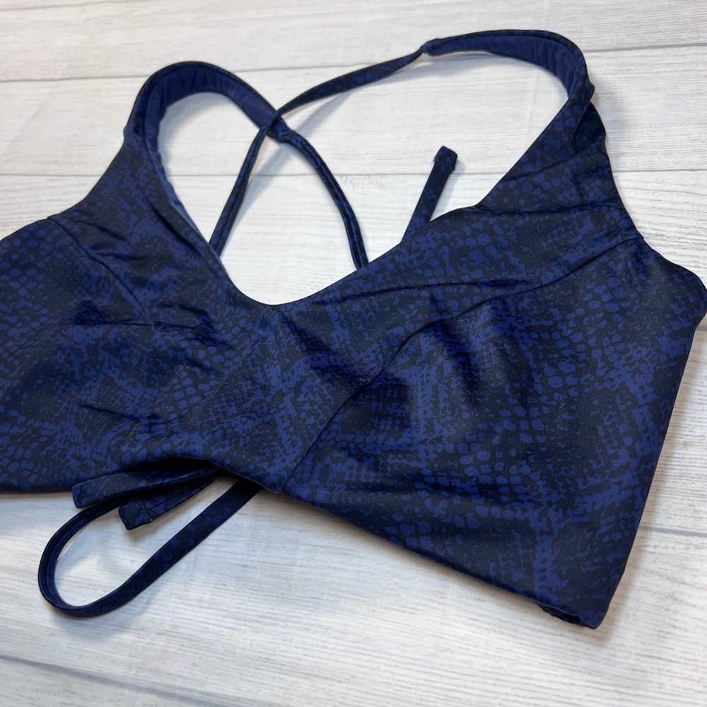 Athleta D-DD Snake Triangle Bikini Top Medium Navy Blue Lace Up Back Swimwear - Picture 3 of 7